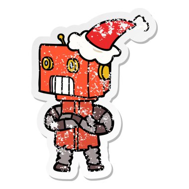 sıkıntılı etiket karikatür Noel Baba şapkası giyen bir robot