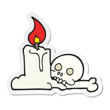 etiket bir çizgi film ürkütücü kafatası ve mum