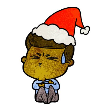 elle çizilmiş karikatür giyen Noel Baba şapkası terleme bir adamın dokulu