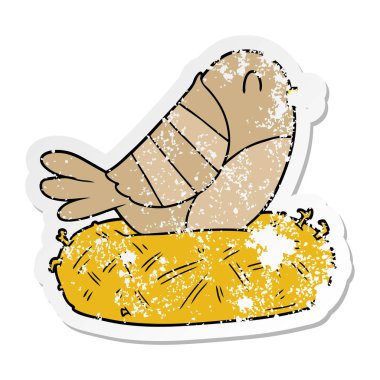 yuva üzerinde oturan bir karikatür kuş sıkıntılı etiket