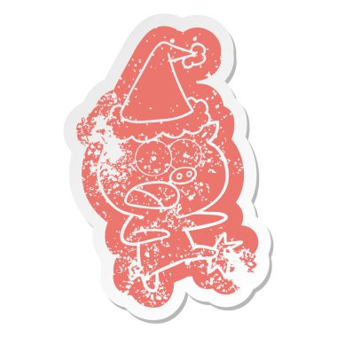 domuz bağırarak ve giyen Noel Baba şapkası tekme bir etiket garip karikatür sıkıntılı