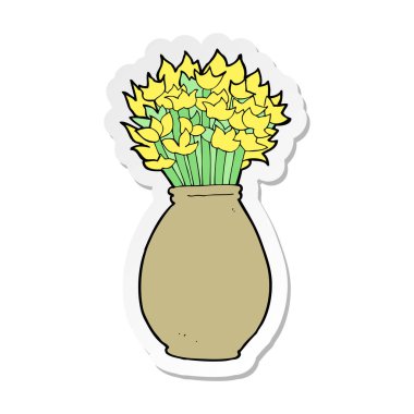 bir çizgi film kenarındaki çiçek dolu vazolar etiket