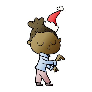 Noel Baba şapkası giyen sakin bir kadının degrade çizgi film el çekilmiş