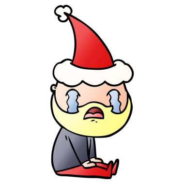 sakallı bir adamın giyen Noel Baba şapkası ağlıyor degrade çizgi film