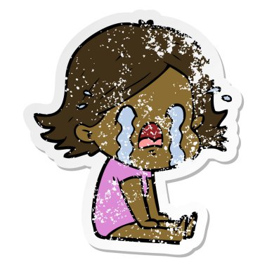 ağlayan bir karikatür kadının sıkıntılı etiket