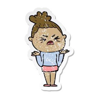 bir çizgi film kızgın kadının sıkıntılı etiket