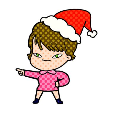 Noel Baba şapkası giyen bir mutlu kadın çizgi roman tarzı çizimi el çekilmiş