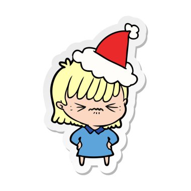 Noel Baba şapkası giyen bir kız rahatsız etiket karikatür