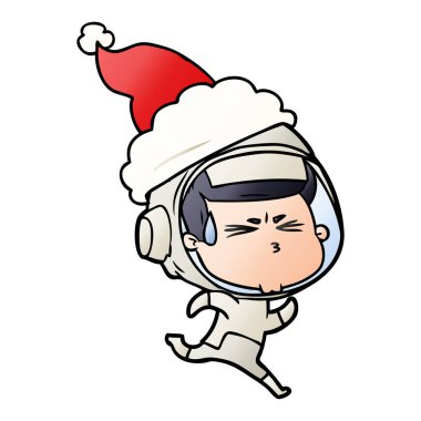 Noel Baba şapkası giyen stresli bir astronotun degrade çizgi film el çekilmiş