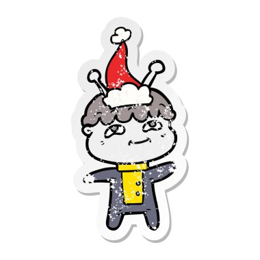 etiket karikatür santa giyen bir uzaylı dostu sıkıntılı 