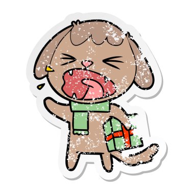 Noel hediyesi bir sevimli çizgi köpek sıkıntılı etiket