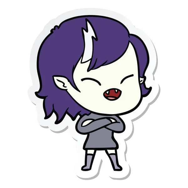 一个卡通笑吸血鬼女孩交叉手臂的贴纸 — 图库矢量图片