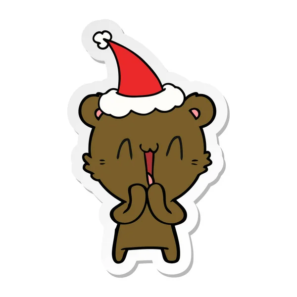 Glücklicher Bär Handgezeichnete Aufkleber Karikatur Eines Tragenden Weihnachtsmütze — Stockvektor