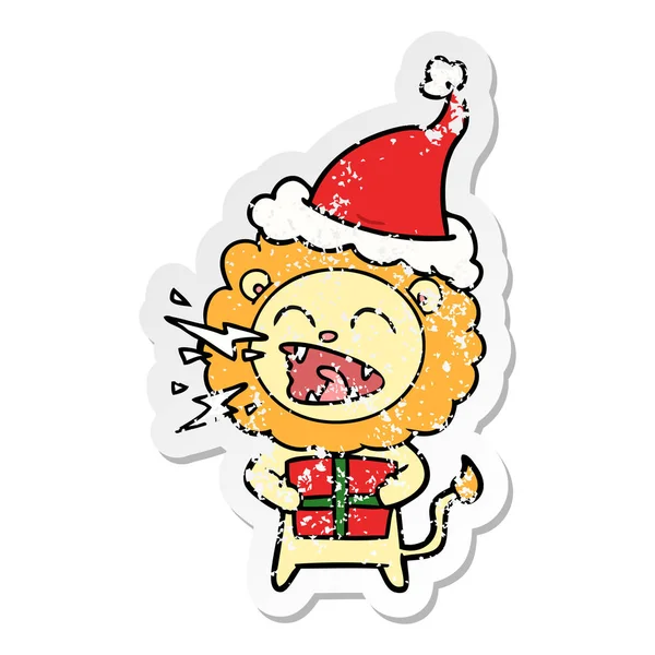 Hand Drawn Distressed Sticker Cartoon Roaring Lion Gift Wearing Santa — Stock Vector