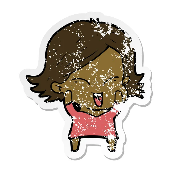 Distressed Sticker Happy Cartoon Girl — Stock Vector