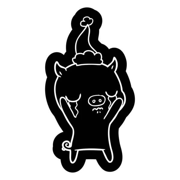 Cartoon icoon van een varken huilen dragen KERSTMUTS — Stockvector