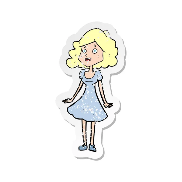 Retro Distressed Sticker Cartoon Happy Woman Dress — Stock Vector