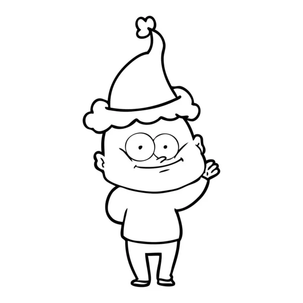 手绘线画一个秃头男子盯着戴着圣诞老人的帽子 — 图库矢量图片