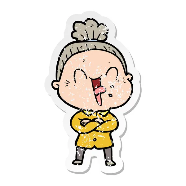Distressed Sticker Cartoon Happy Old Woman — Stock Vector