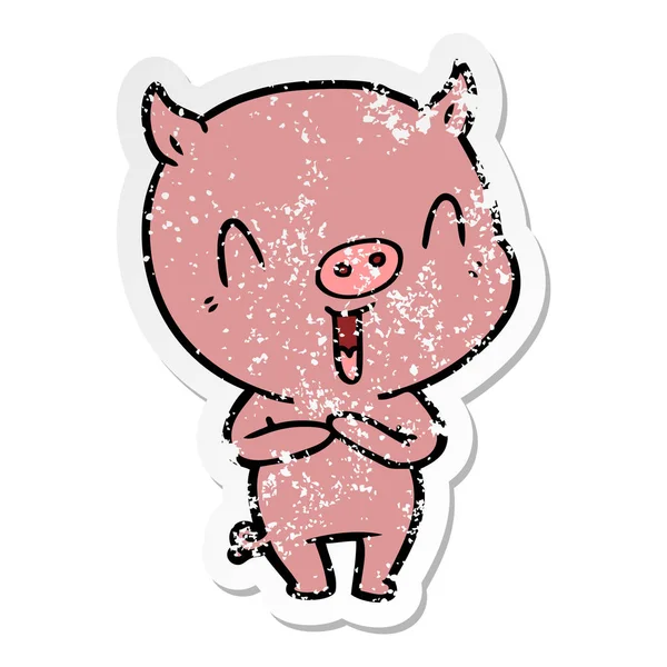 Autocollant Détresse Cochon Dessin Animé Heureux — Image vectorielle