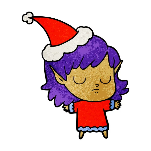 Hand Drawn Textured Cartoon Elf Girl Wearing Santa Hat — Stock Vector