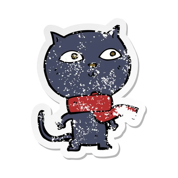 Retro Distressed Sticker Cartoon Black Cat Wearing Scarf — Stock Vector