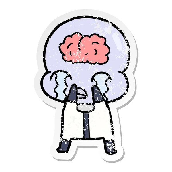 Stiker Tertekan Kartun Alien Otak Besar Menangis - Stok Vektor