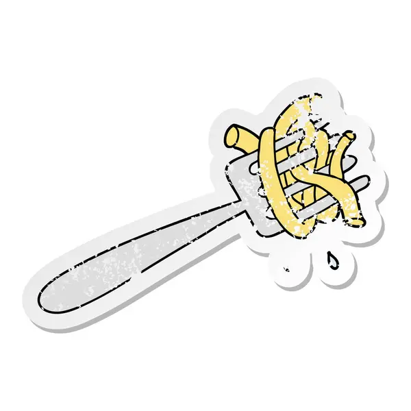 Etiqueta angustiada de um espaguete de desenho animado em garfo — Vetor de Stock