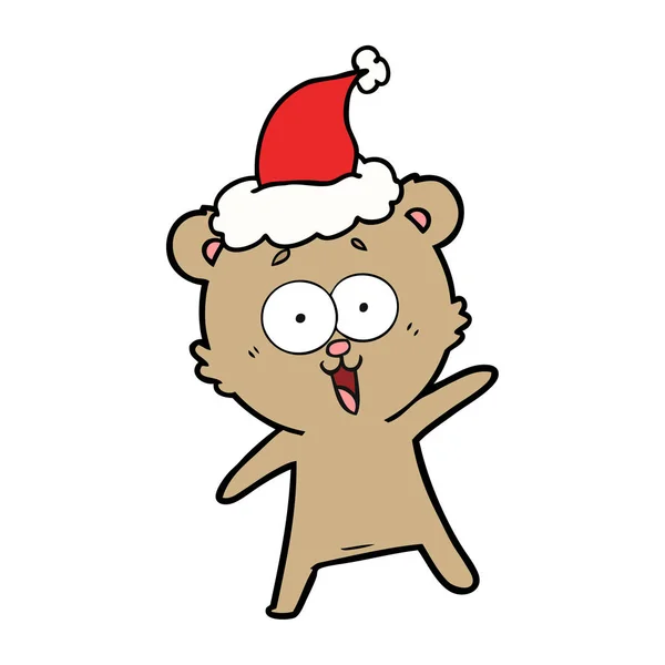 Laughing Teddy Bear Hand Drawn Line Drawing Wearing Santa Hat — Stock Vector