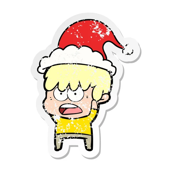 Worried Hand Drawn Distressed Sticker Cartoon Boy Wearing Santa Hat — Stock Vector