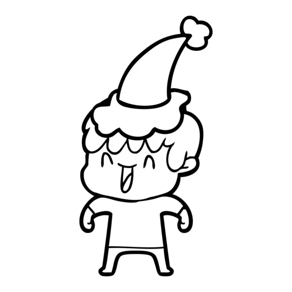 Line drawing of a laughing boy wearing santa hat — 图库矢量图片