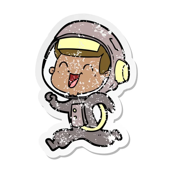 Distressed Sticker Happy Cartoon Astronaut — Stock Vector