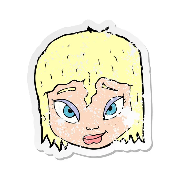 Pegatina retro angustiado de una cara femenina de dibujos animados — Vector de stock