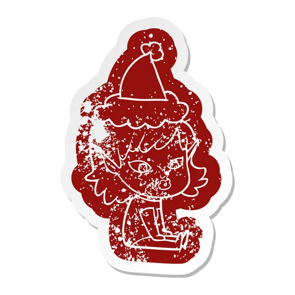 Ziemlich Schrullige Cartoon Verzweifelt Aufkleber Eines Elfenmädchens Trägt Weihnachtsmann — Stockvektor