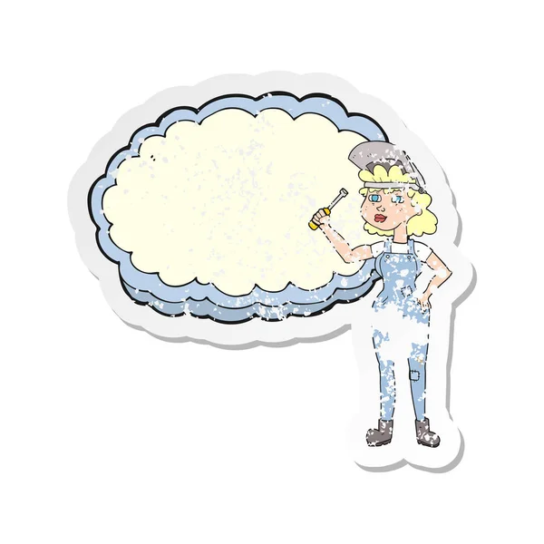 Retro Noodlijdende Sticker Van Een Cartoon Vrouwelijke Monteur — Stockvector