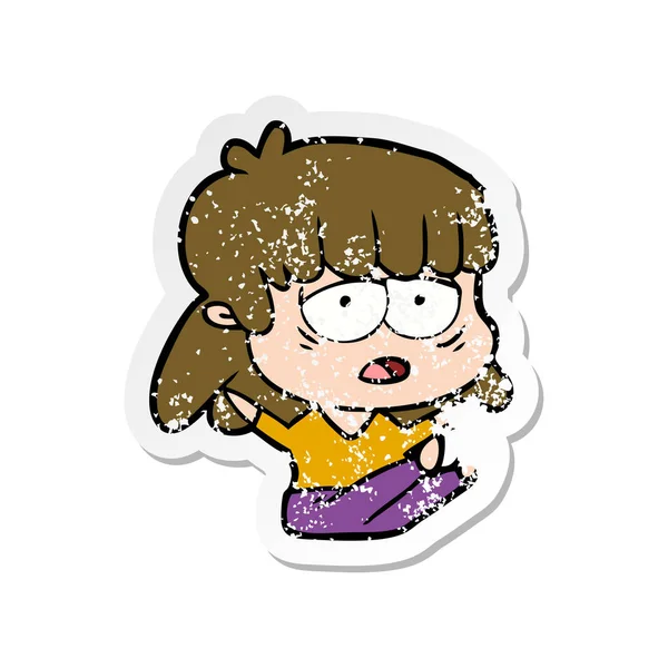 Distressed Sticker Cartoon Tired Woman — Stock Vector
