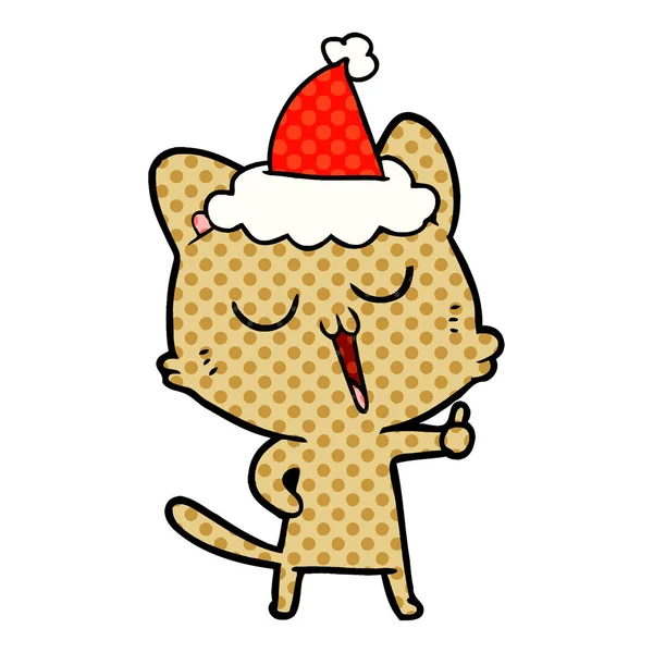 Ilustração Estilo Quadrinhos Desenhado Mão Gato Cantando Usando Chapéu Santa — Vetor de Stock