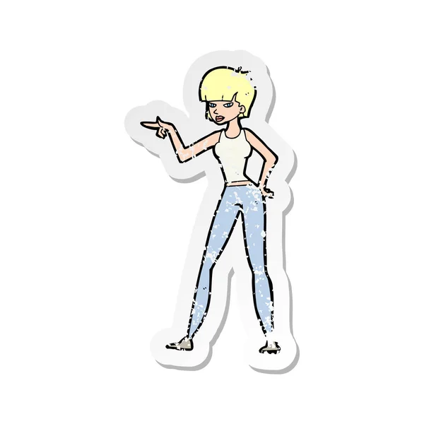 Retro Distressed Sticker Cartoon Woman Pointing — Stock Vector