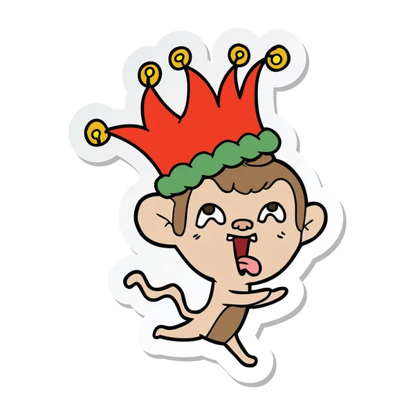 Aufkleber eines verrückten Cartoon-Affen mit Narrenhut — Stockvektor