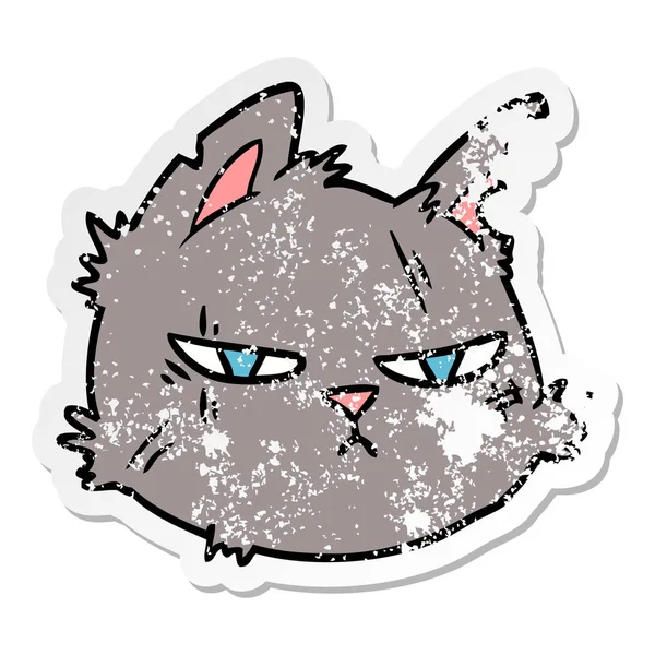 Distressed Sticker Cartoon Tough Cat Face — Stock Vector