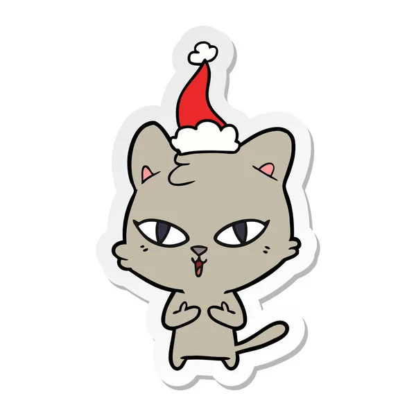 Desenho animado etiqueta de um gato usando chapéu de santa — Vetor de Stock