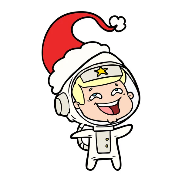 Handgezeichnete Linienzeichnung Eines Lachenden Astronauten Mit Weihnachtsmütze — Stockvektor