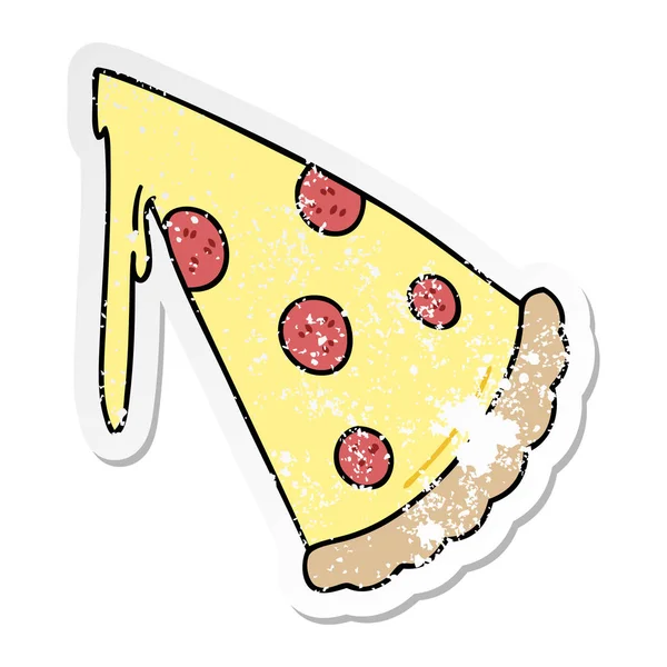 Nödställda klistermärke på en udda hand dras tecknad bit pizza — Stock vektor