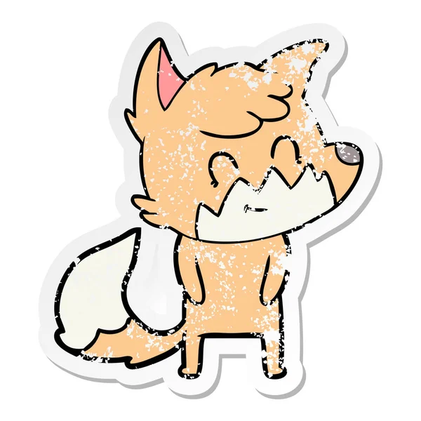 Verontruste sticker van een cartoon vriendelijke fox — Stockvector