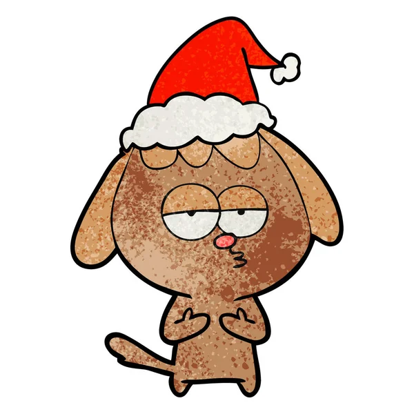 Dessin animé texturé d'un chien ennuyé portant un chapeau de Père Noël — Image vectorielle