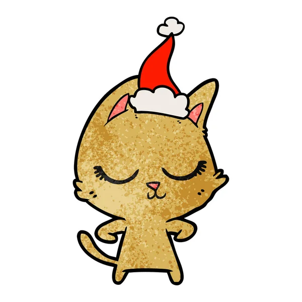 산타 모자를 쓰고 고양이의 진정 질감된 만화 — 스톡 벡터