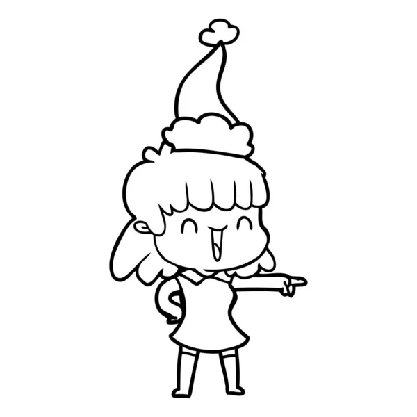 Linienzeichnung eines glücklichen Mädchens mit Weihnachtsmütze — Stockvektor