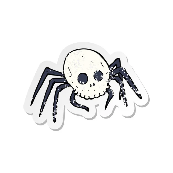 Retro Distressed Sticker Cartoon Spooky Halloween Skull Spider — Stock Vector