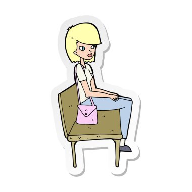 etiket bankta oturan bir karikatür kadının