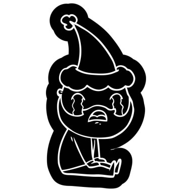 sakallı bir adam giyen Noel Baba şapkası ağlıyor ilginç çizgi film simgesi